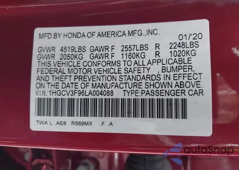 2020 Honda Accord Hybrid Touring из США, поврежденный, VIN 1HGCV3F96LA004088